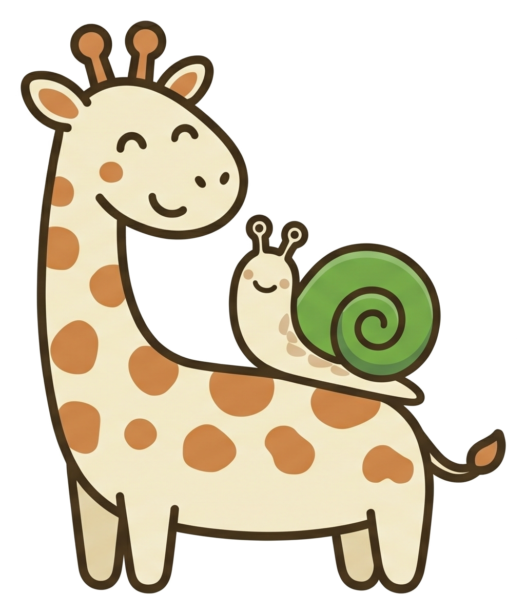 Dodo the giraffe carrying Koko the snail